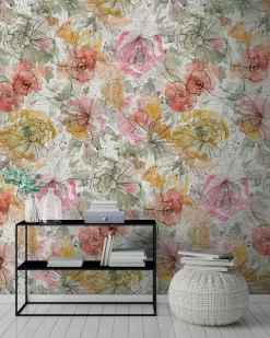 Vliestapete Floral Fineline Grau Rosa Grün 39694-1