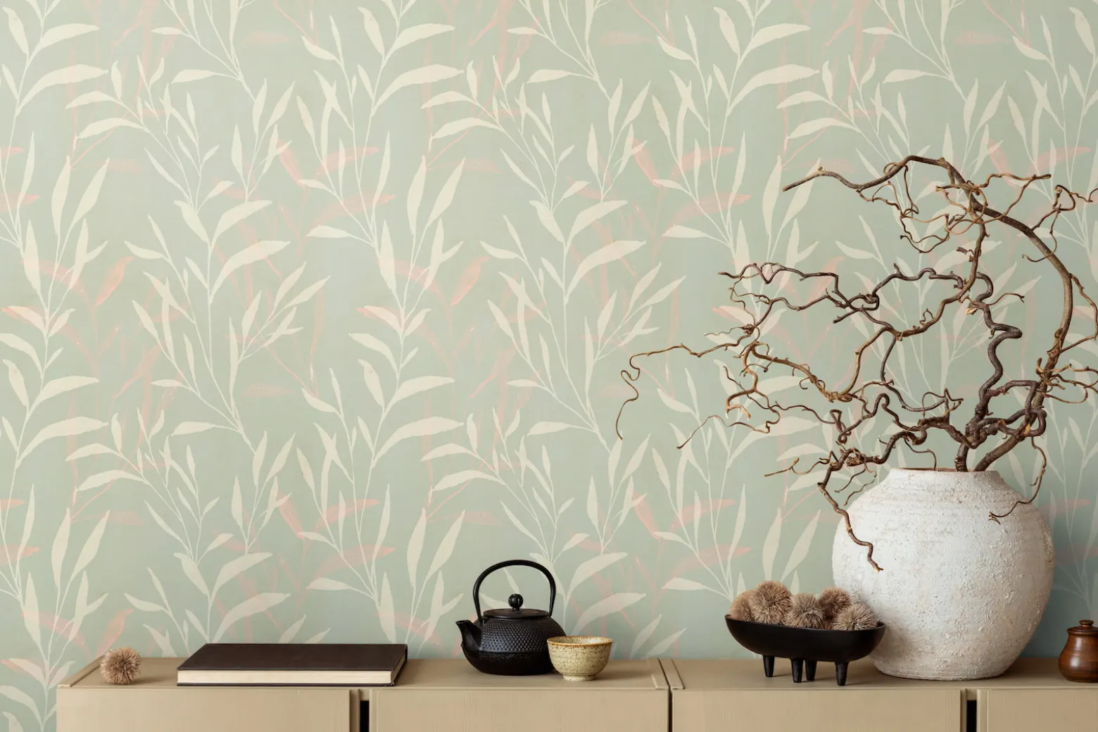 Vliestapete Floral Gräser Blätter Grün Creme 78222-1