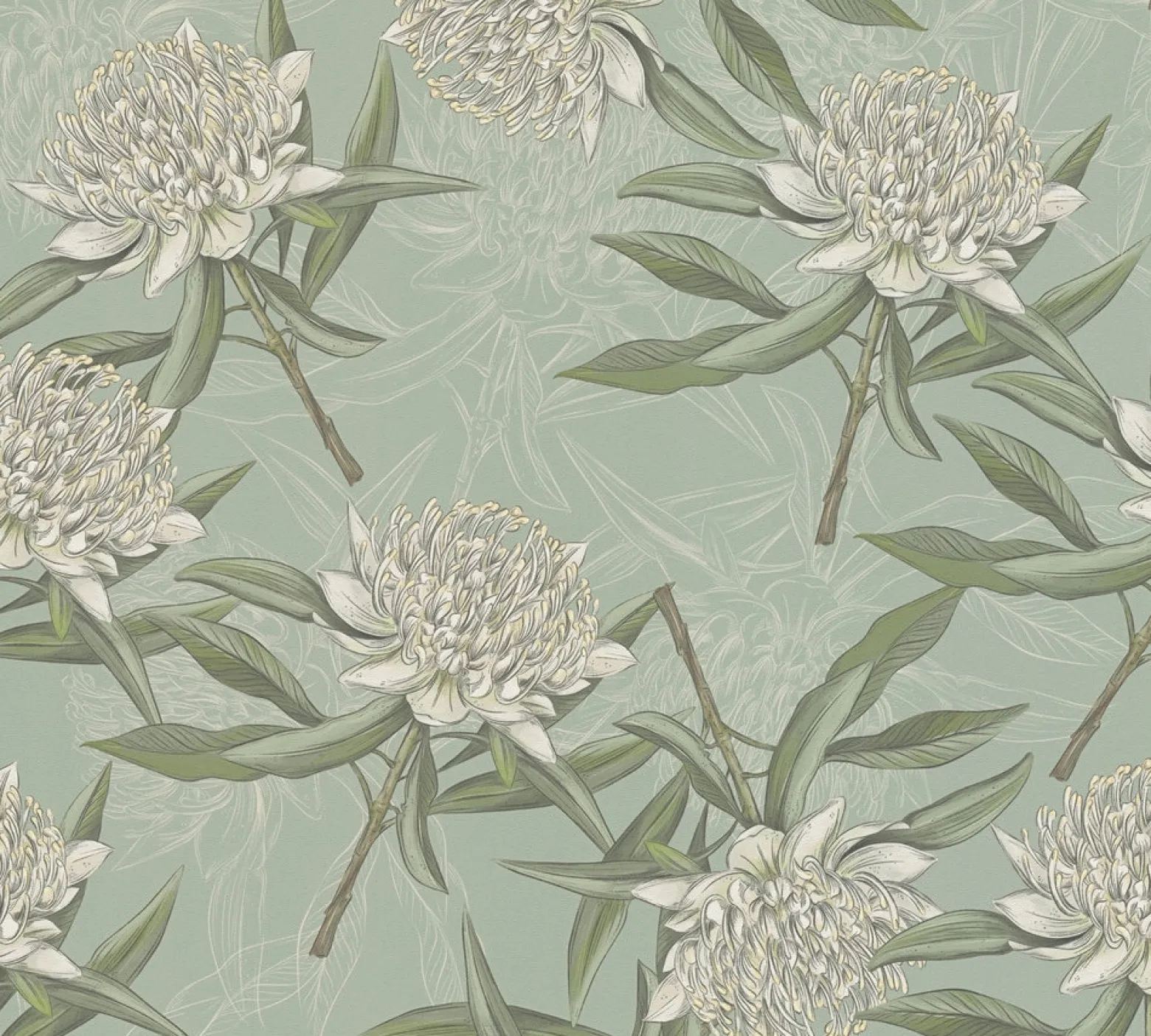Vliestapete Floral Illustration Türkis Grün Weiß 39432-2