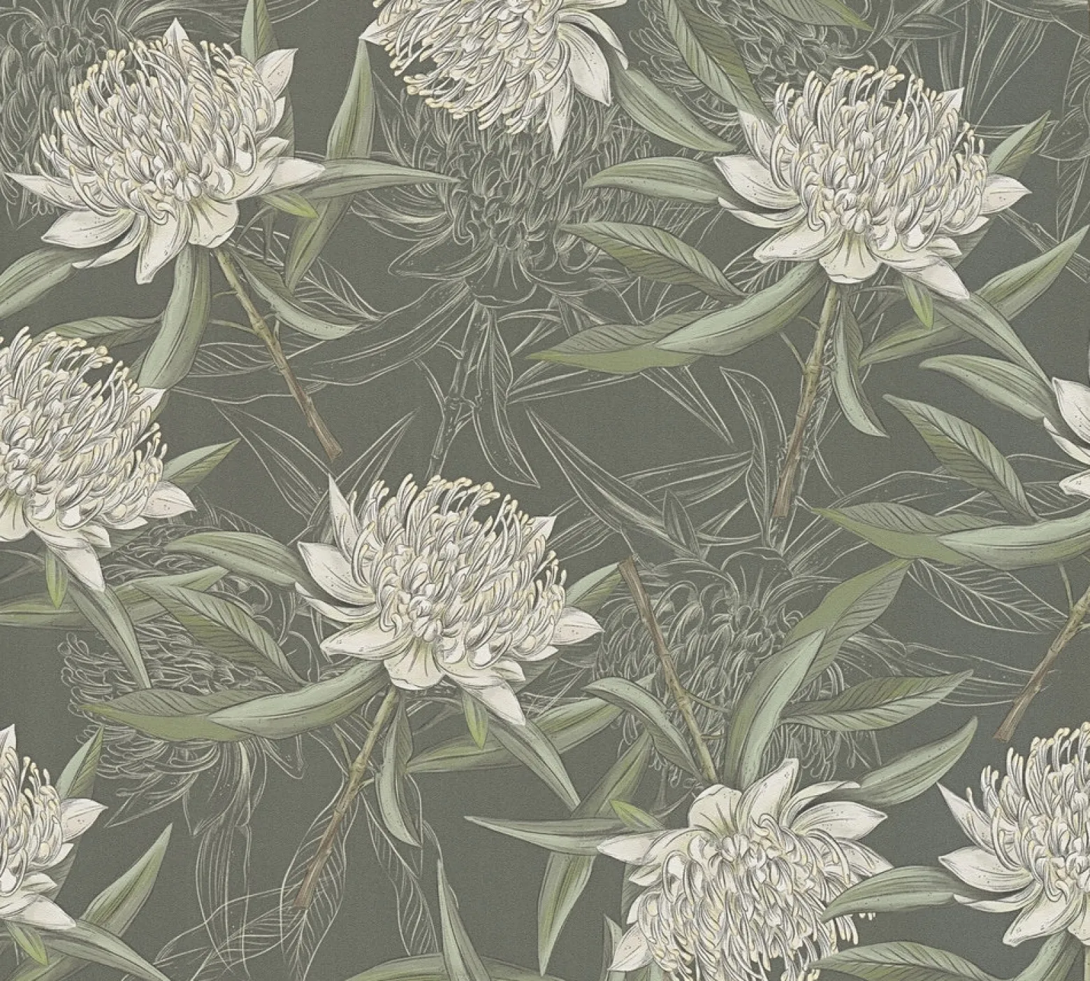Vliestapete Floral Illustration Grün Weiß 39432-1