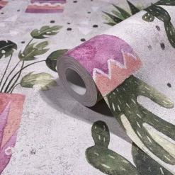 Vliestapete Floral Kaktus Aquarell Grau Grün Lila 81653