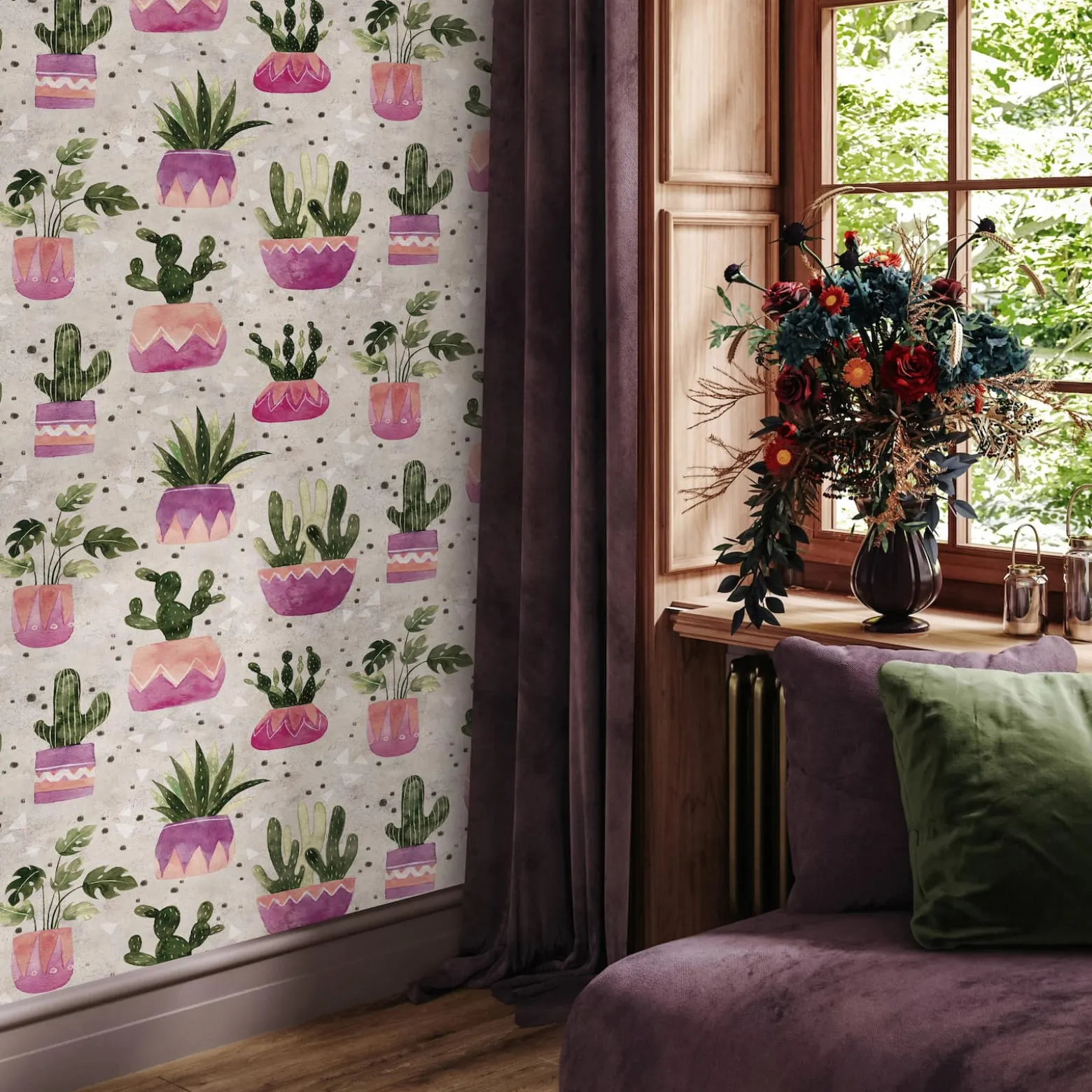 Vliestapete Floral Kaktus Aquarell Grau Grün Lila 81653