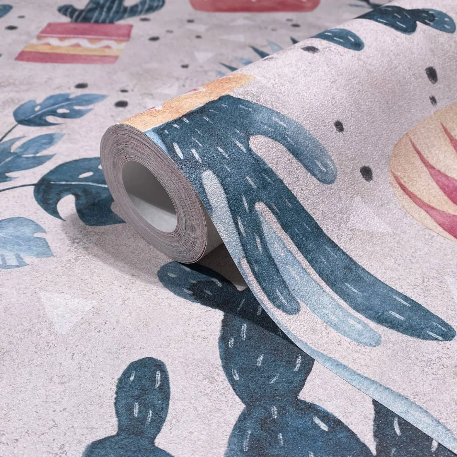 Vliestapete Floral Kaktus Aquarell Grau Grün Rot 81652