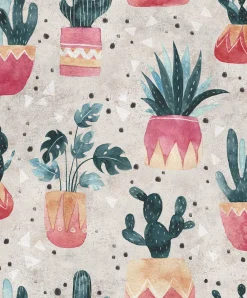 Vliestapete Floral Kaktus Aquarell Grau Grün Rot 81652