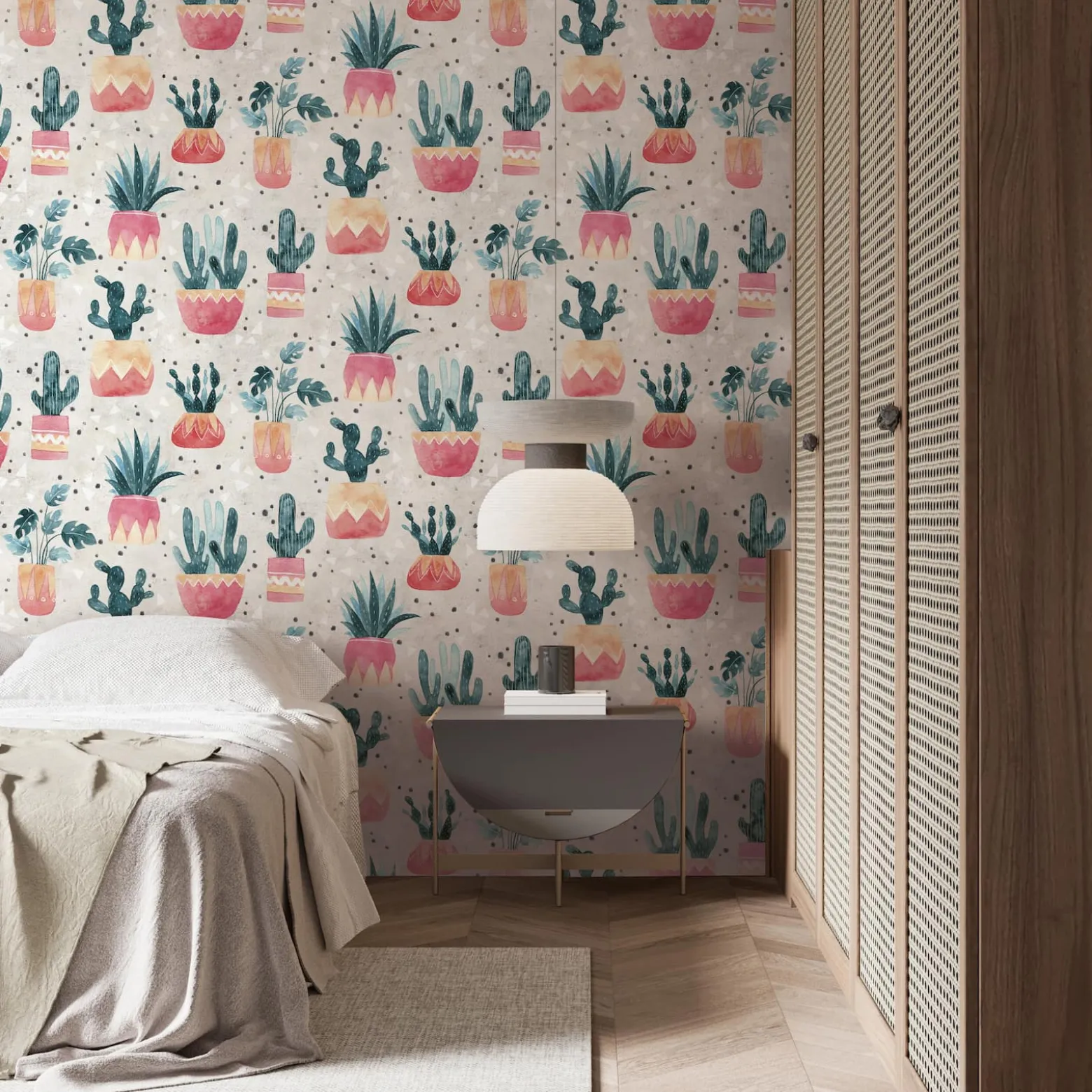 Vliestapete Floral Kaktus Aquarell Grau Grün Rot 81652