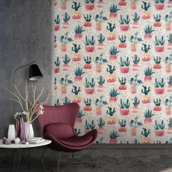 Vliestapete Floral Kaktus Aquarell Grau Grün Rot 81652