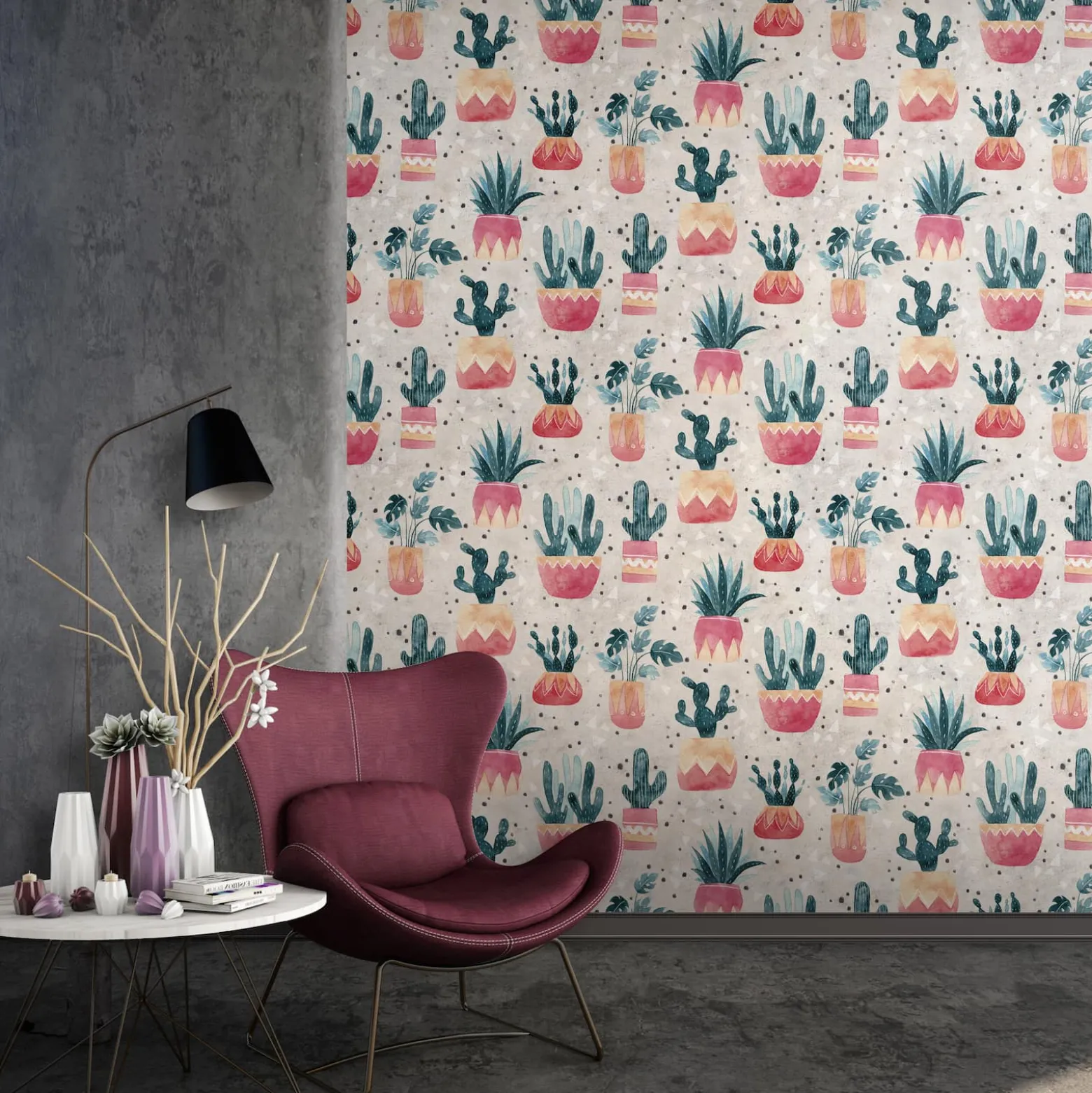 Vliestapete Floral Kaktus Aquarell Grau Grün Rot 81652