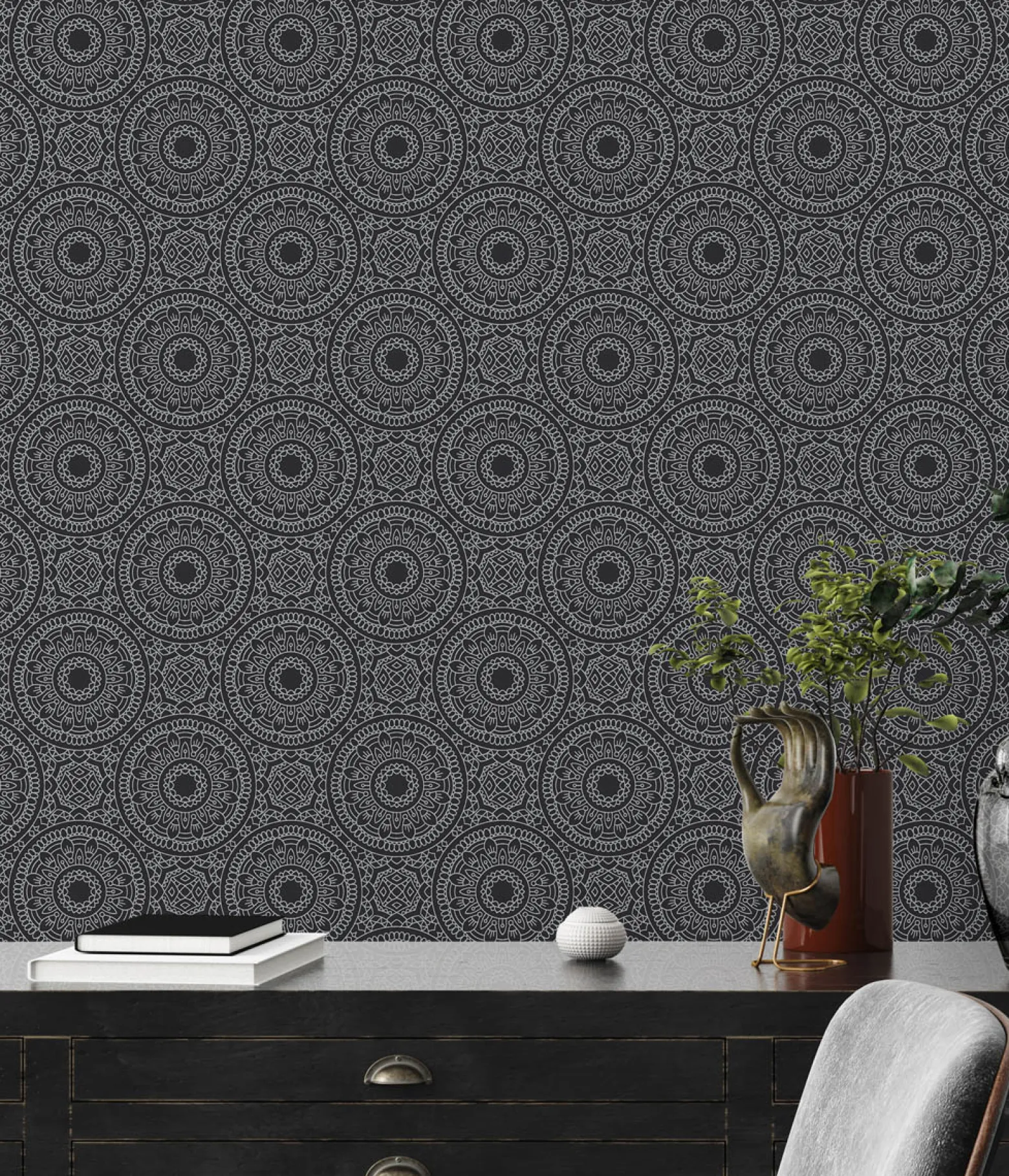 Vliestapete Floral Mandala Schwarz Silber Metallic 38968-1