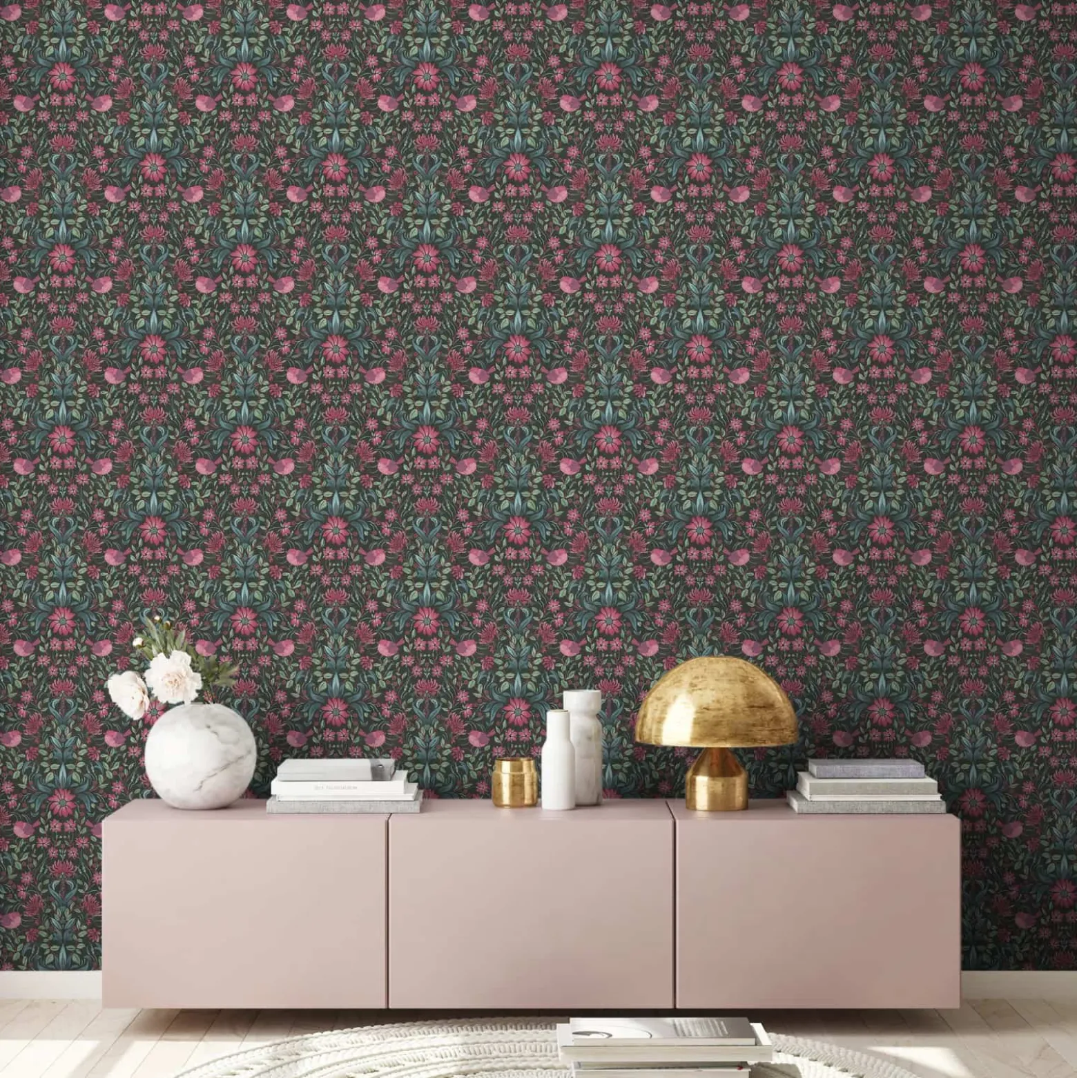 Vliestapete Floral Ornamente Schwarz Rosa Grün 39075-1