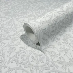 Vliestapete Floral Ornamente Vögel Hellgrau 47608