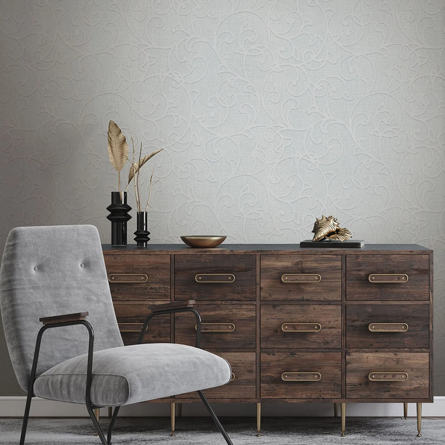 Vliestapete Floral Ranken Blau Creme Metallic 10467-10