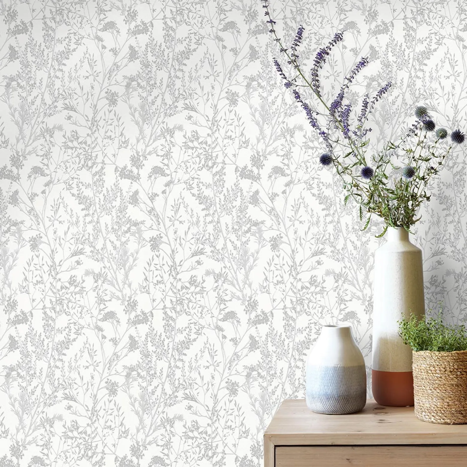 Vliestapete Floral Sträucher weiß grau silber 10251-31