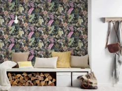 Vliestapete Floral Tiere Blätter schwarz bunt 38176-1