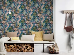 Vliestapete Floral Tiere Blätter blau bunt 38176-4