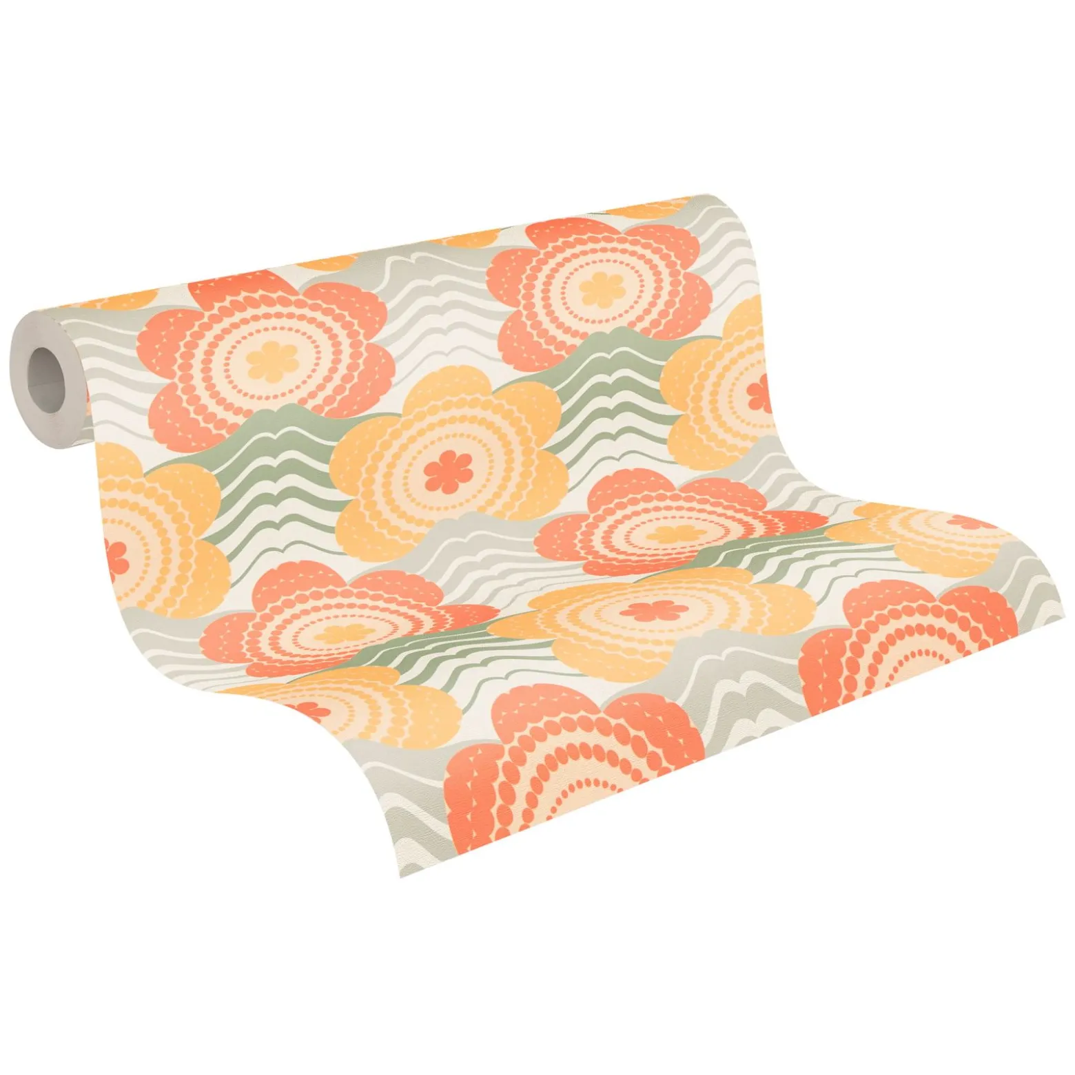 Vliestapete Floral Wellen Blumen Apricot Grün 39539-4