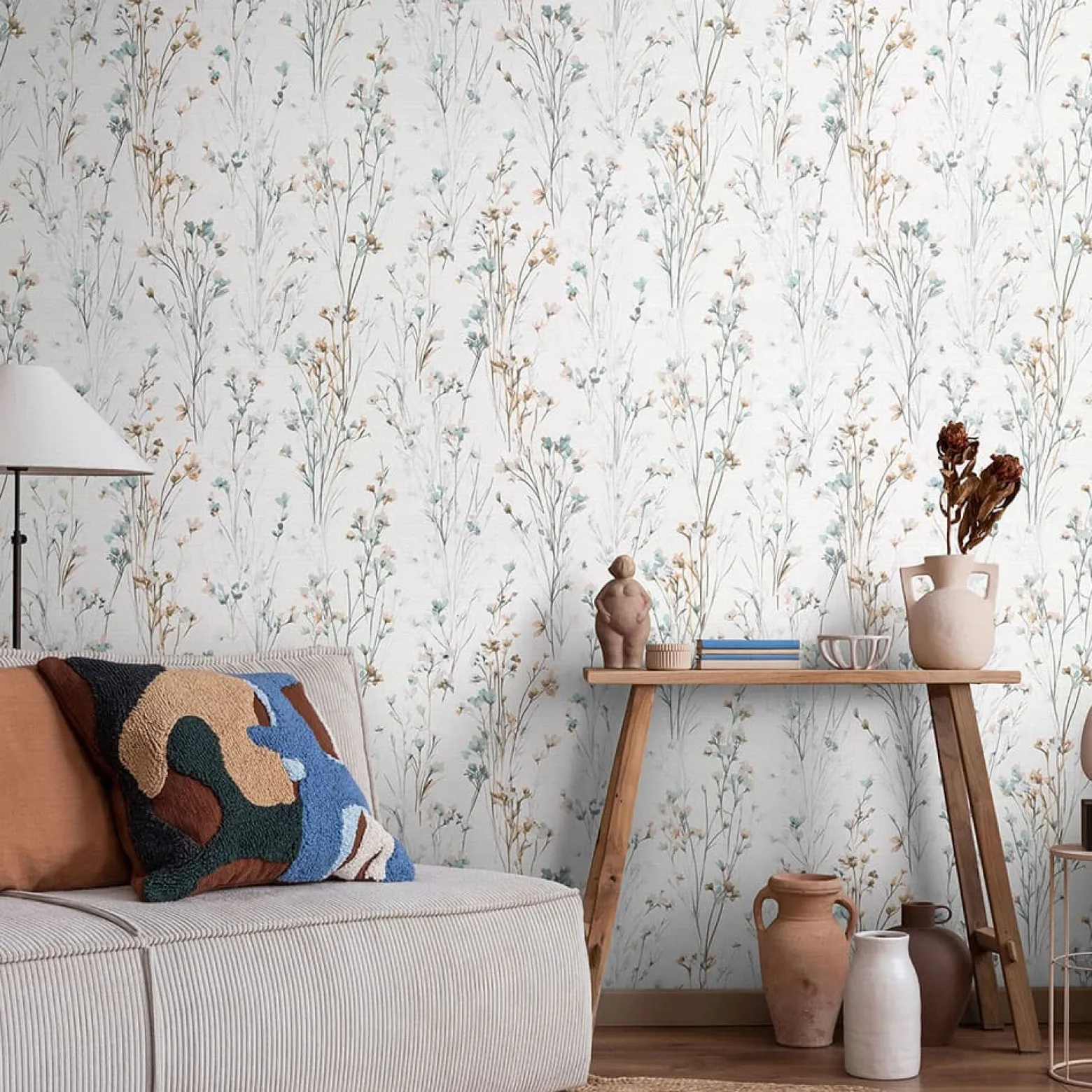 Vliestapete Floral Wildblumen Weiß Blau Beige 10561-35