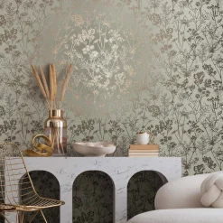 Vliestapete Floral Wildblumen Grün Gold Metallic 82465
