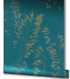 Vliestapete Floral Zweige Petrol Gold Metallic 82344