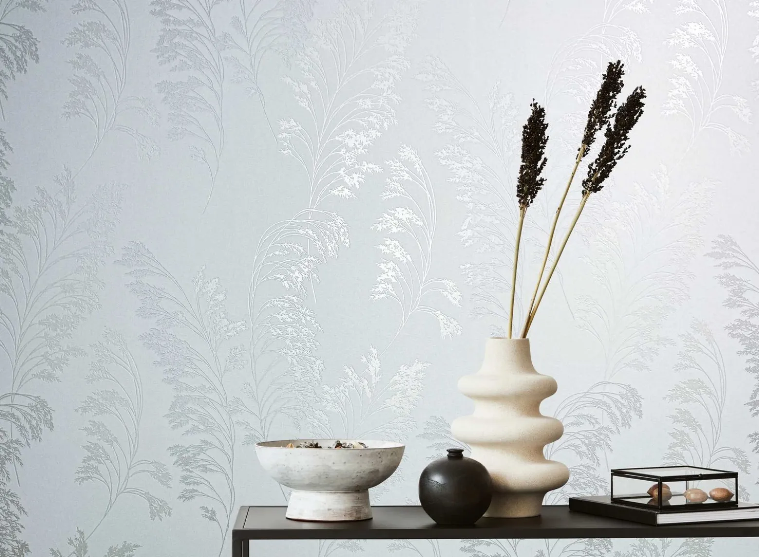 Vliestapete Floral Zweige Weiß Silber Metallic 82342