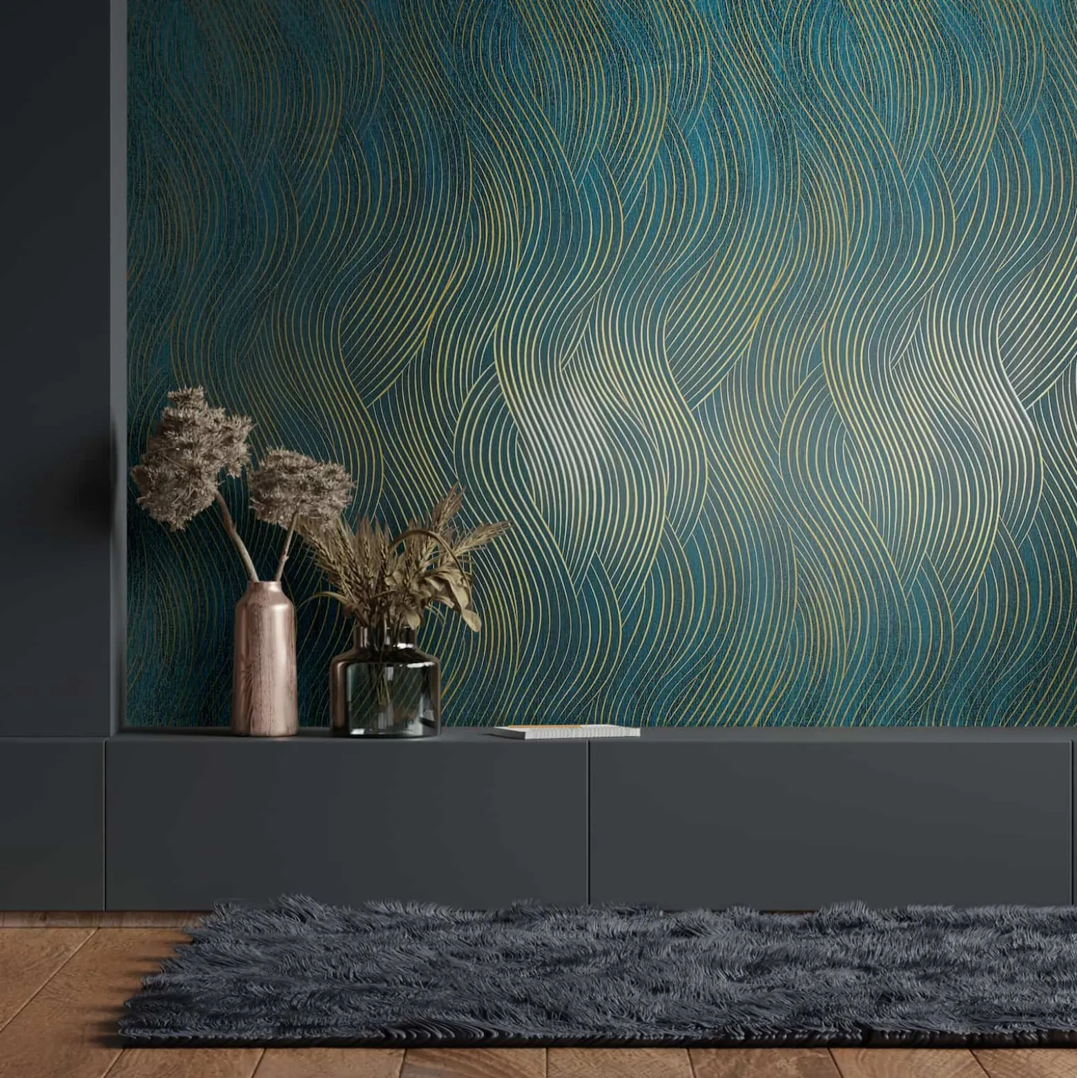 Vliestapete Grafisch Wellen Petrol Gold Metallic 82477