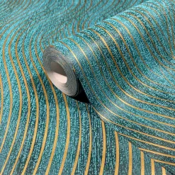 Vliestapete Grafisch Wellen Petrol Gold Metallic 82477