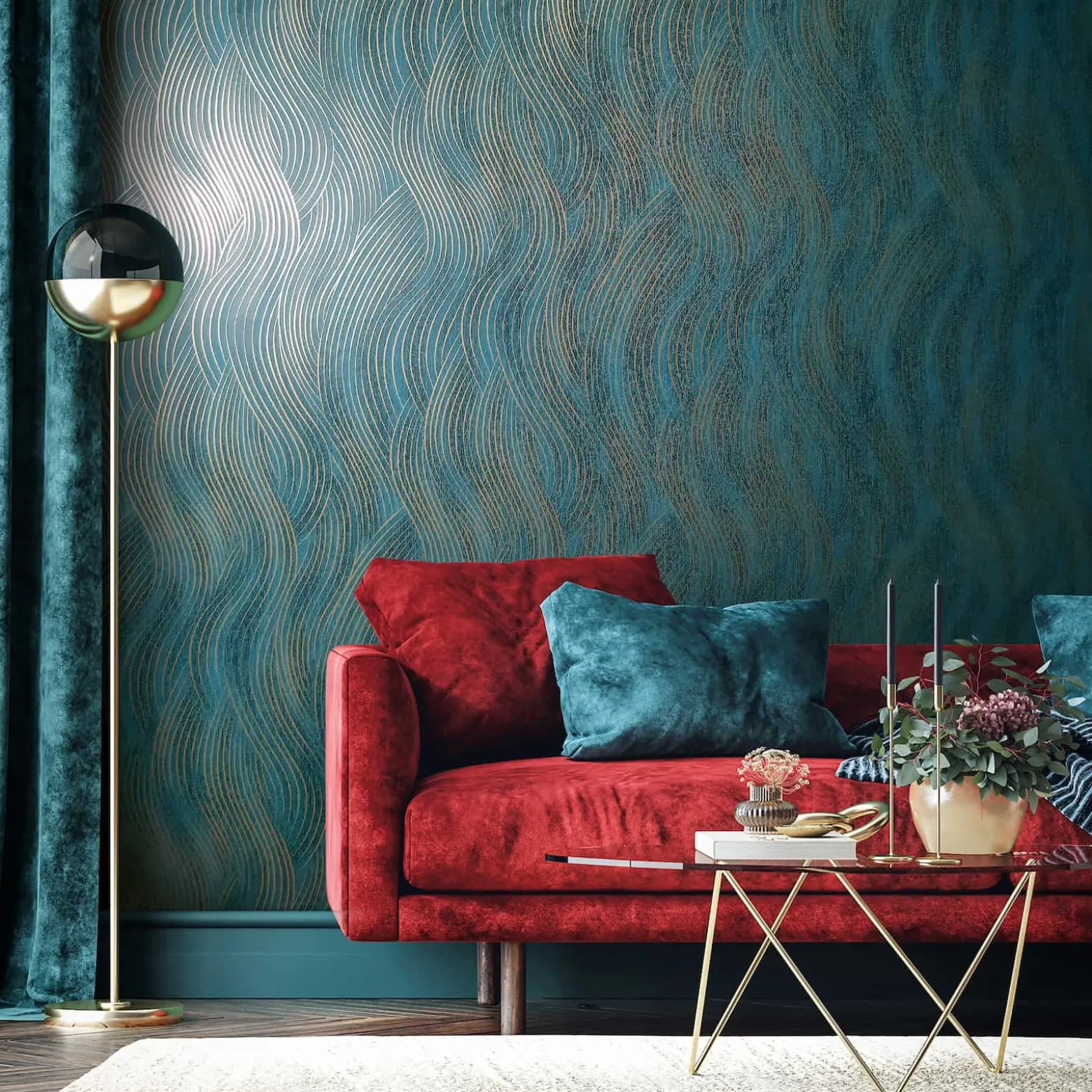 Vliestapete Grafisch Wellen Petrol Gold Metallic 82477
