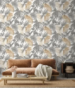 Vliestapete Grandeco Farne Blätter weiß grau gold JF3601
