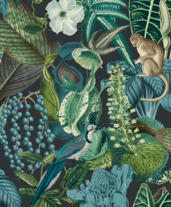Vliestapete Grandeco Tiere Blumen Pflanzen grün blau