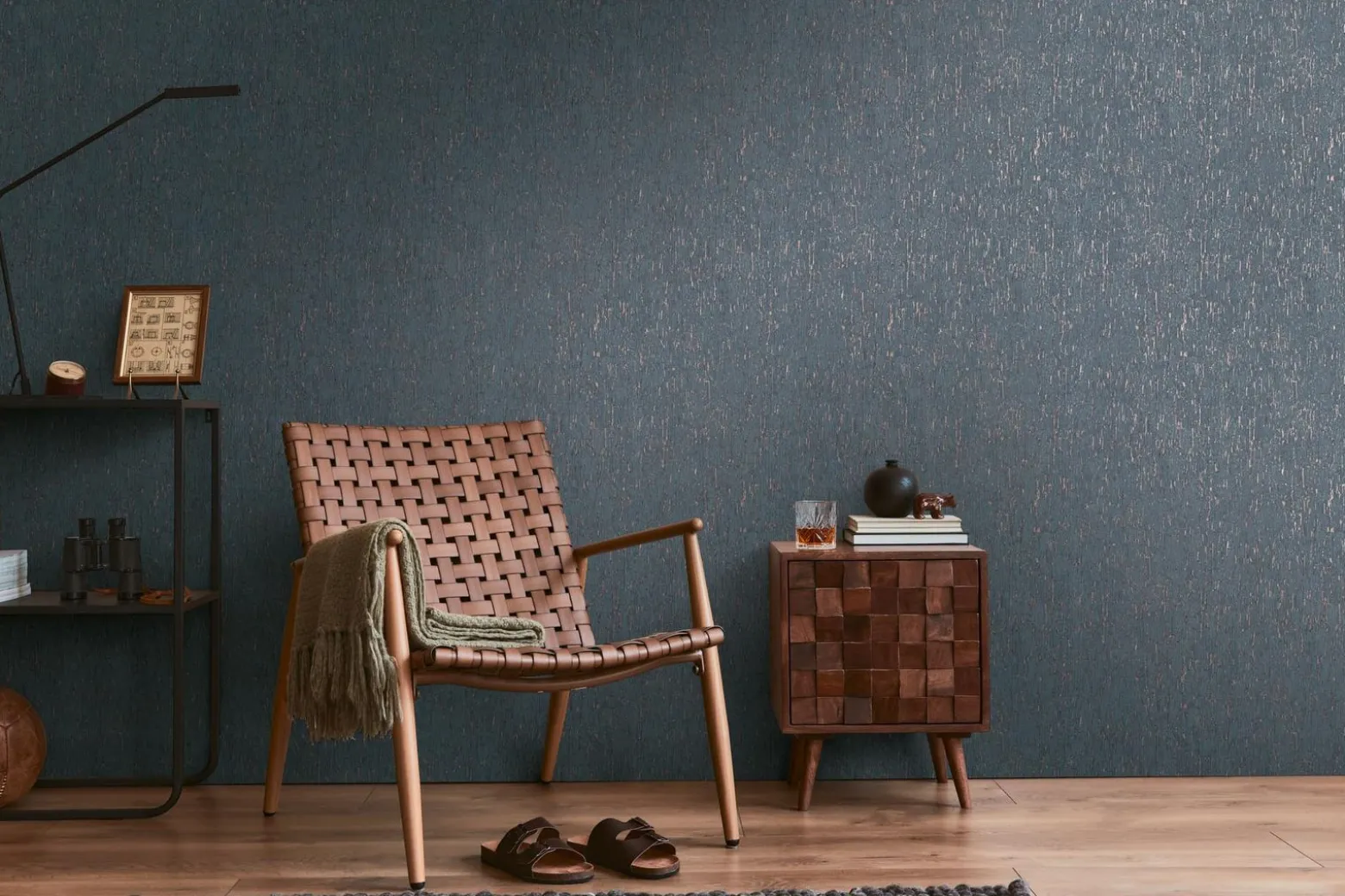 Vliestapete Holz Rinde Blau Kupfer Metallic 39562-2