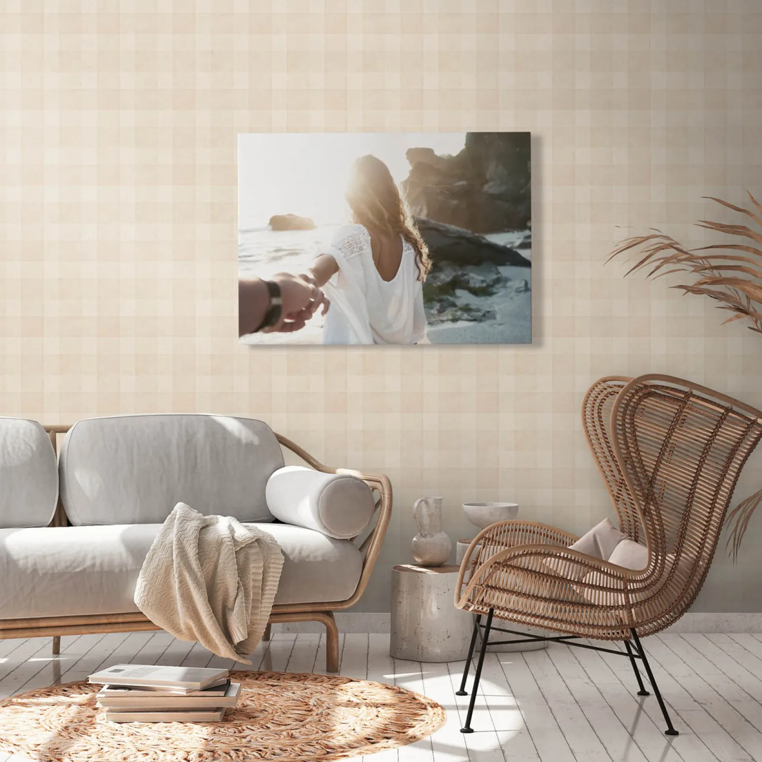 Vliestapete Karo Muster Textil Optik Beige Creme 38664-3
