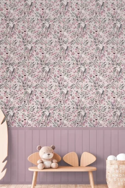 Vliestapete Kinder Floral Vögel Paneele Rosa Grau 77074-1