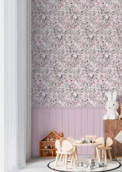 Vliestapete Kinder Floral Vögel Paneele Rosa Grau 77074-1