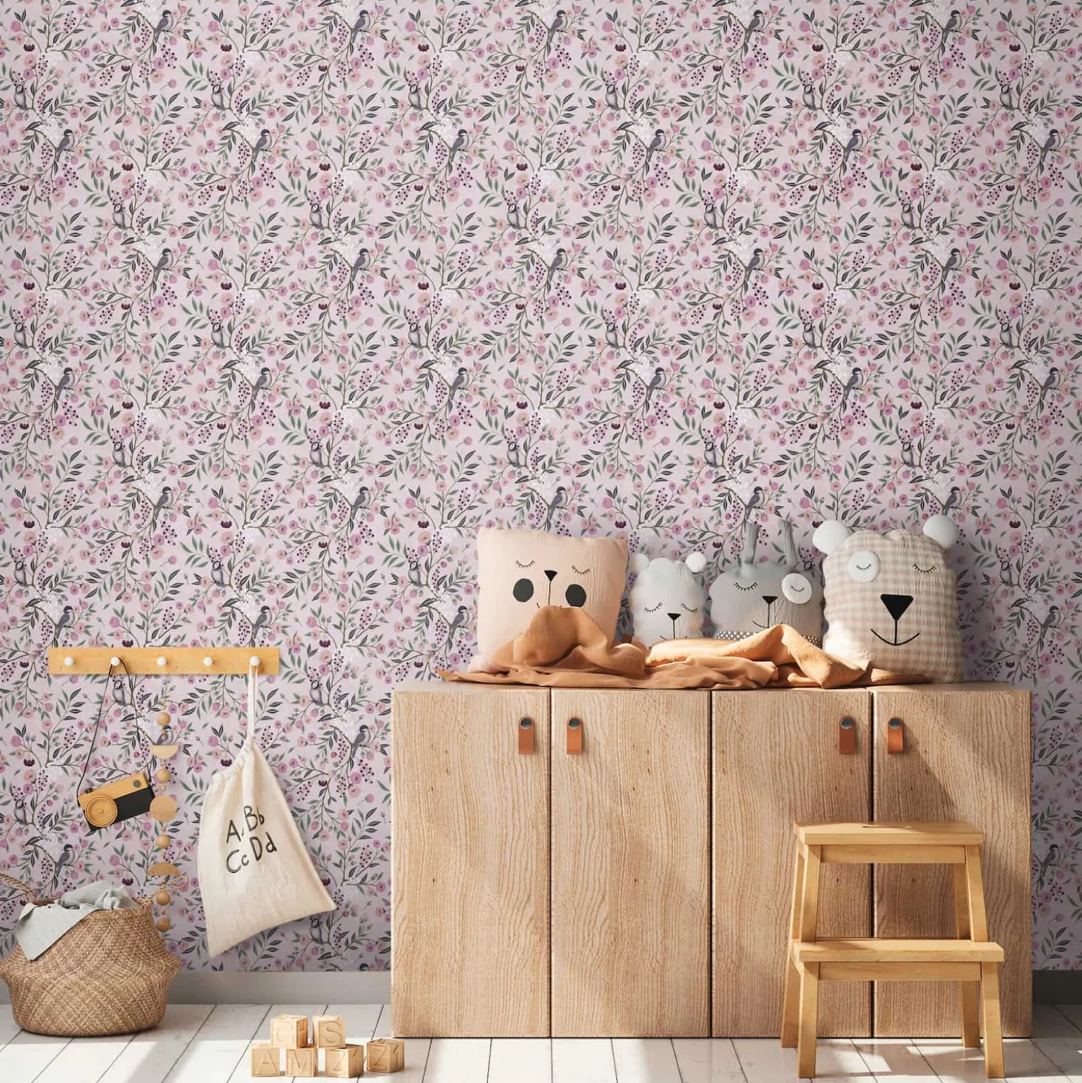 Vliestapete Kinder Floral Vögel Zweige Rosa Grau 77136-1