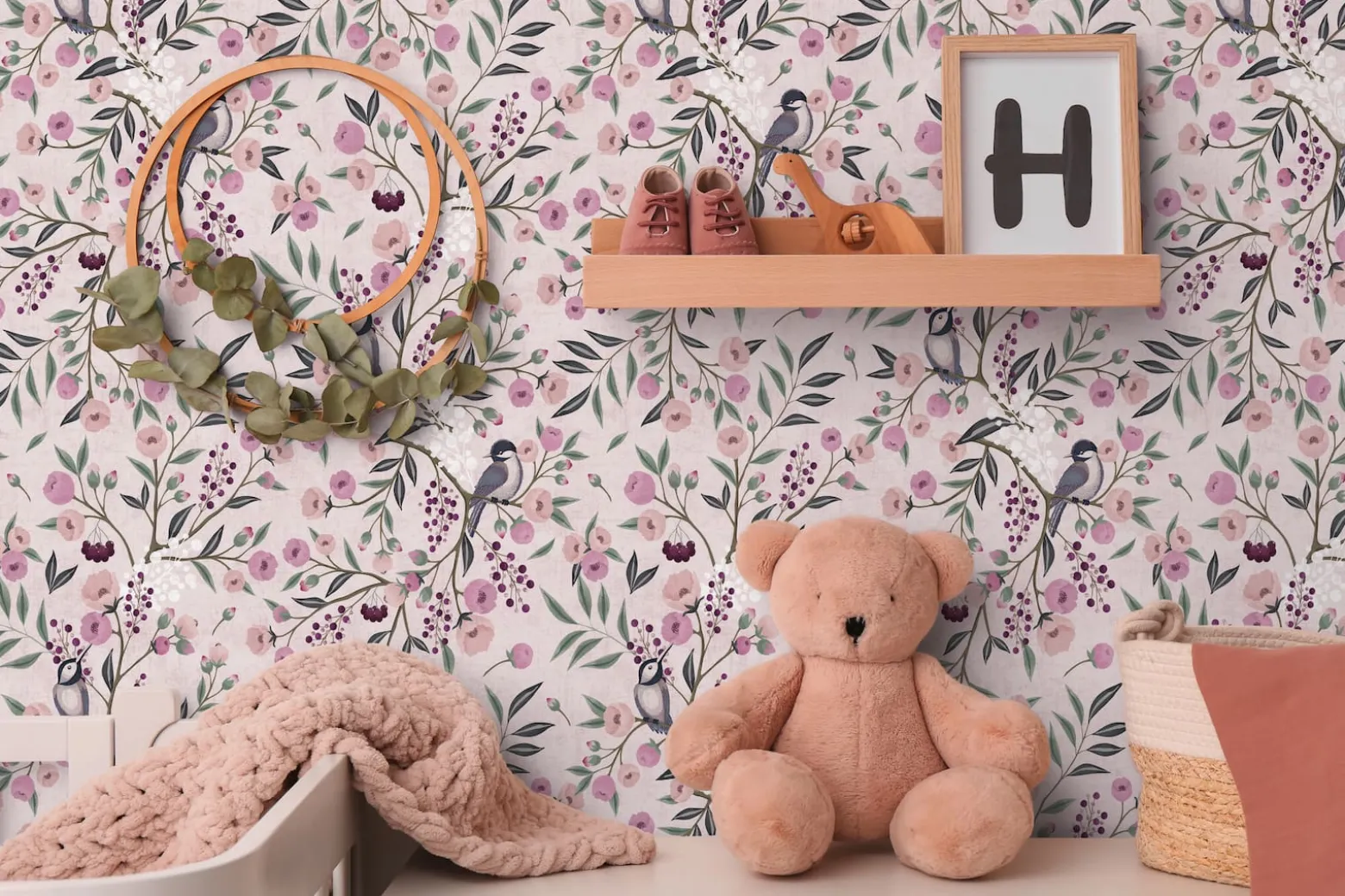 Vliestapete Kinder Floral Vögel Zweige Rosa Grau 77136-1