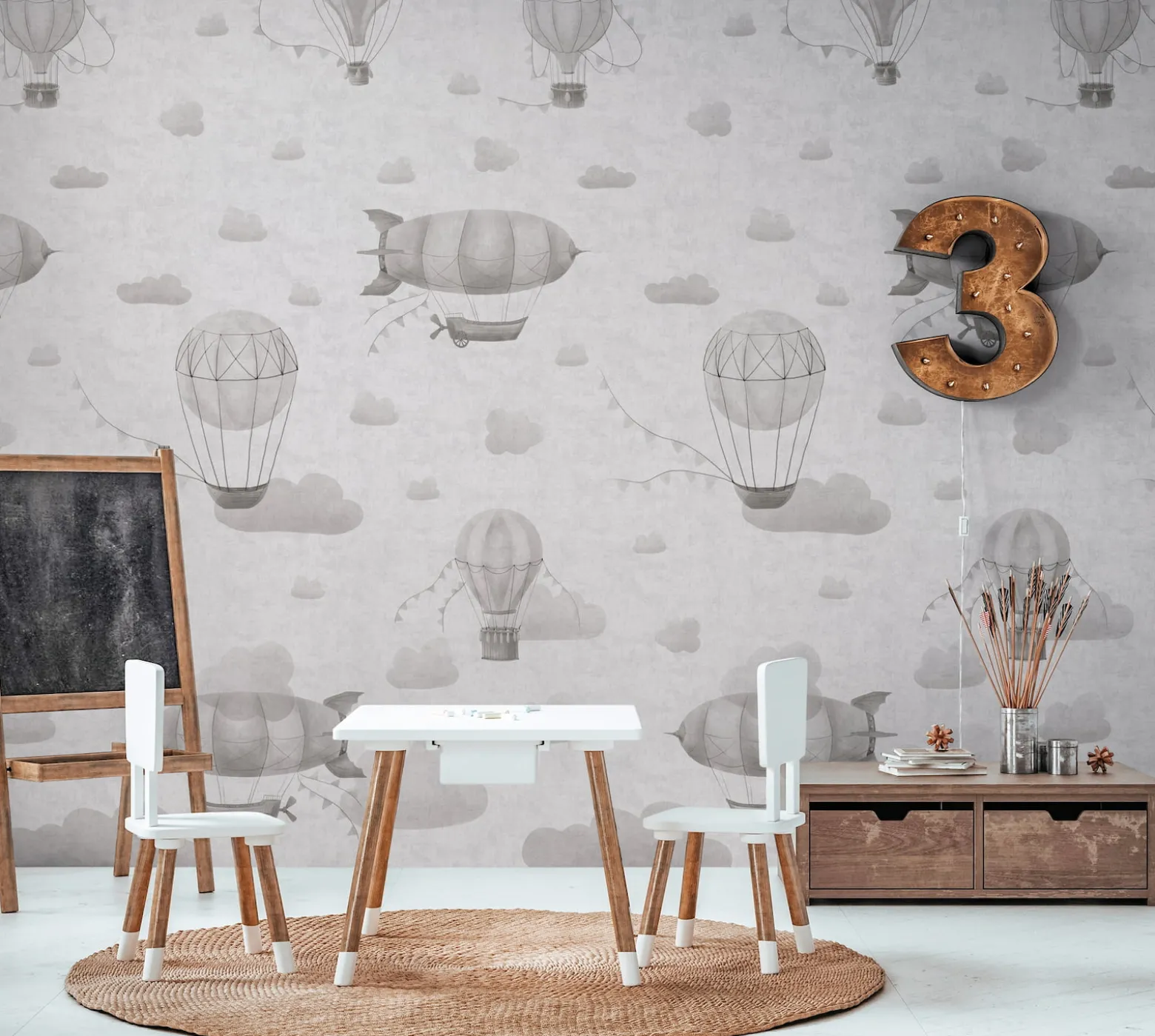 Vliestapete Kinder Himmel Ballons Grau 77061-2