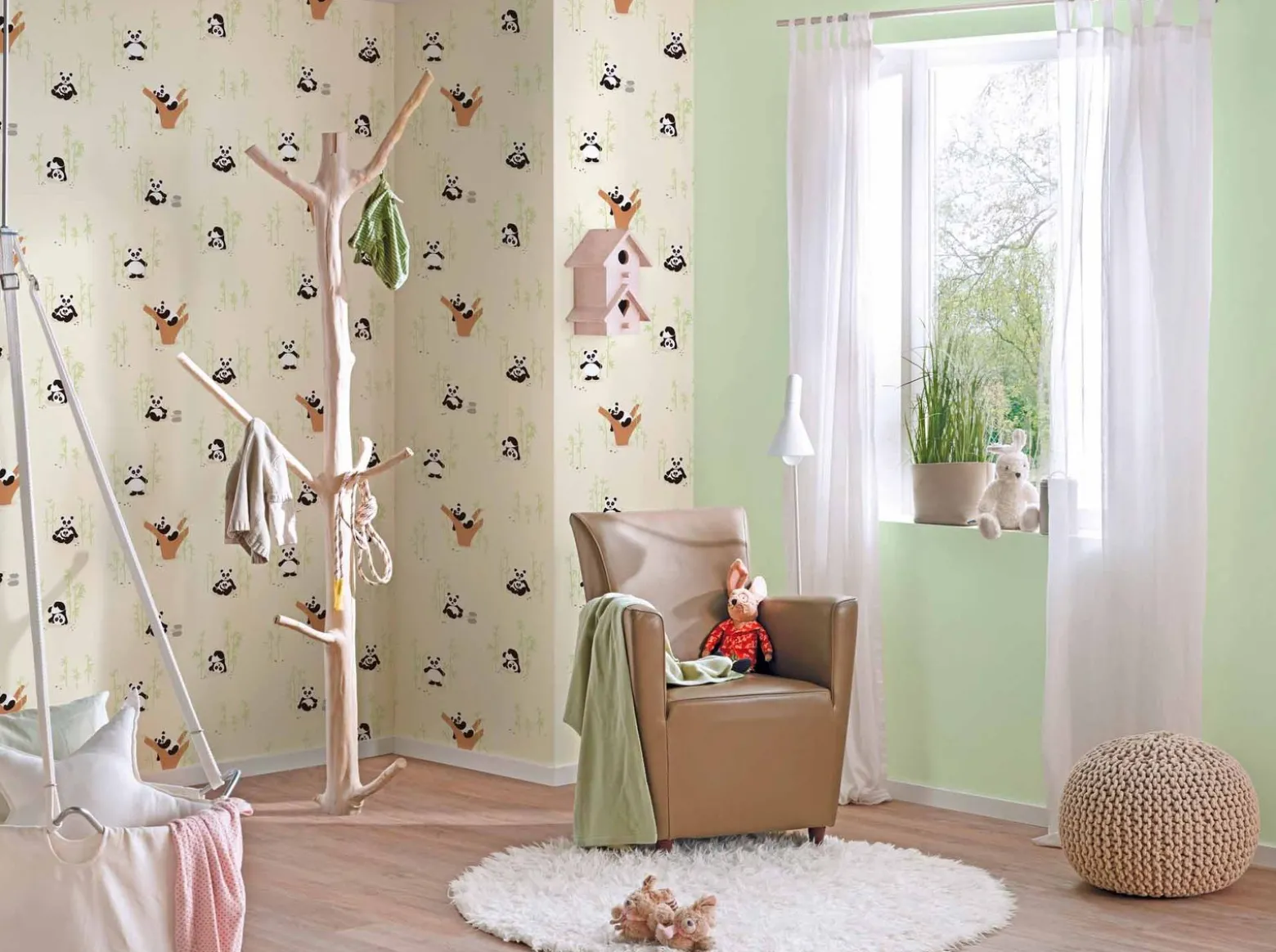 Vliestapete Kinder Pandas Bambus beige grün 38142-1