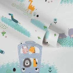 Vliestapete Kinder Tiere Bus Safari bunt weiß 38114-1