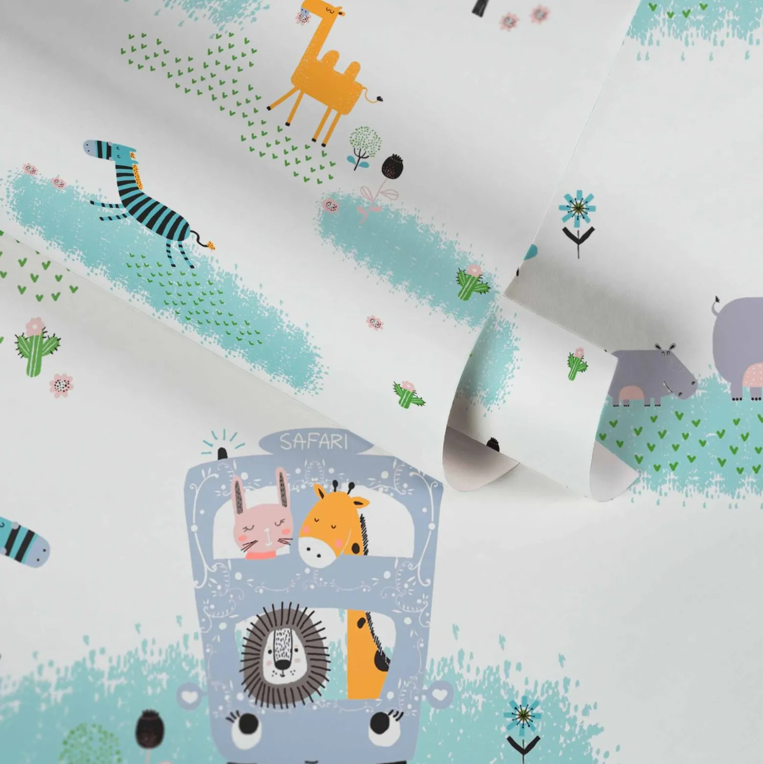 Vliestapete Kinder Tiere Bus Safari bunt weiß 38114-1