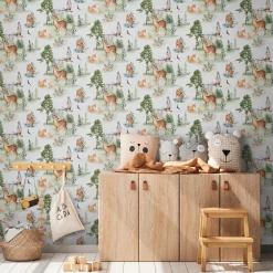 Vliestapete Kinder Wald Tiere Bäume Creme Grün 77172-1