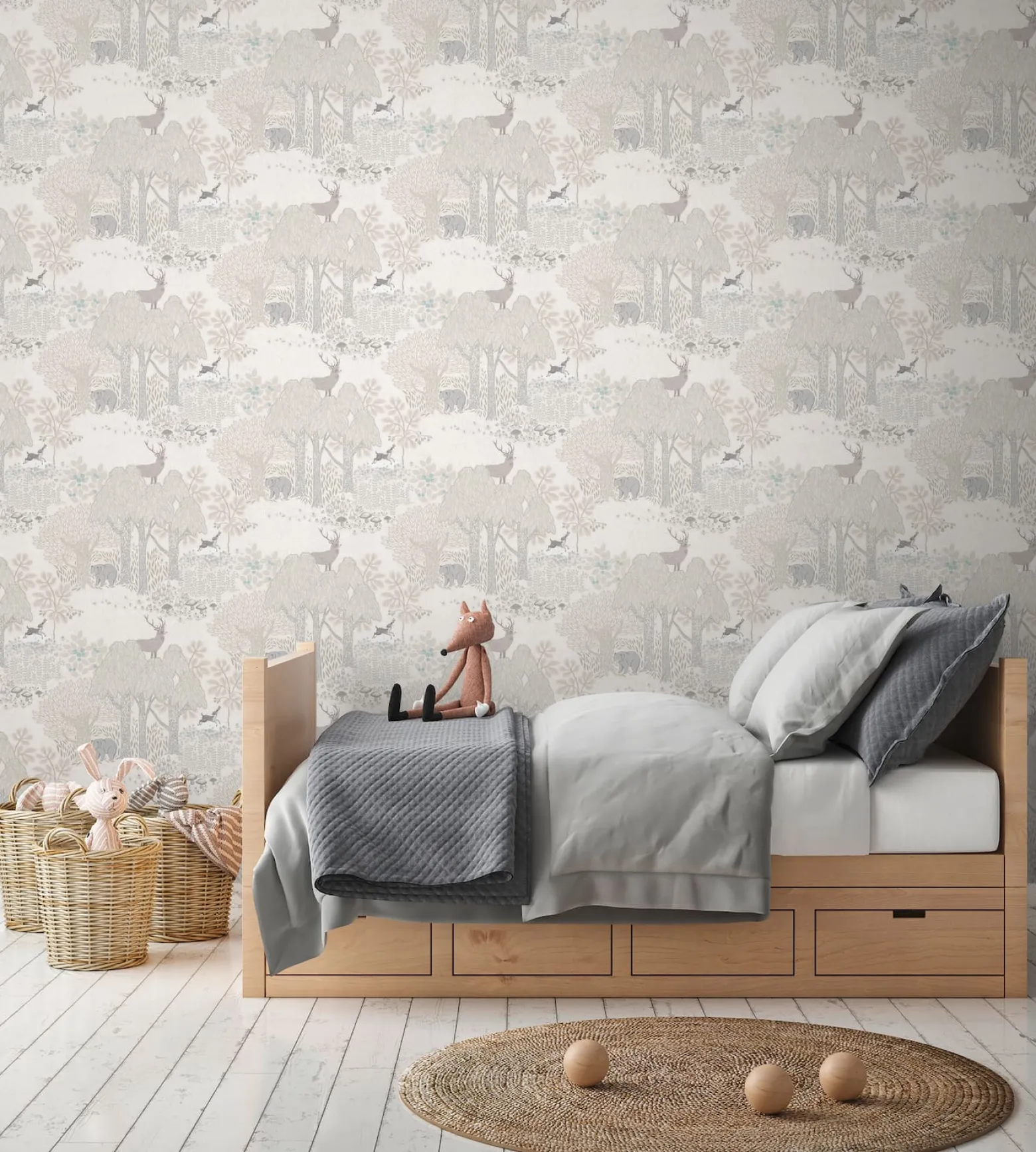 Vliestapete Kinder Wald Tiere Pflanzen Creme Grau 77133-2