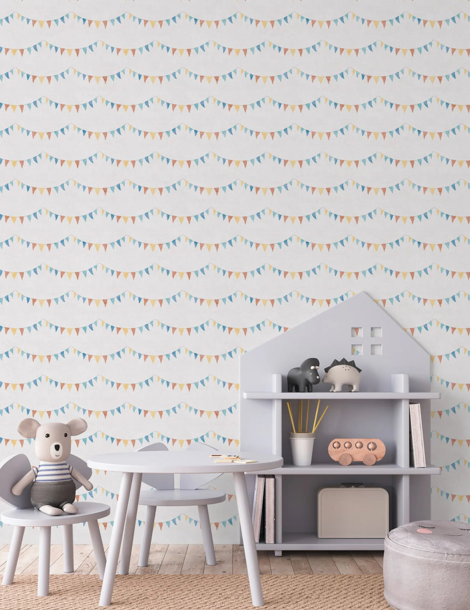Vliestapete Kinder Wimpel Kette Creme Bunt 77171-1