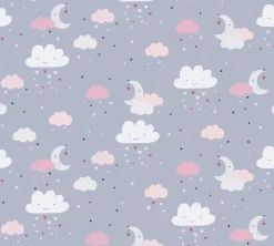 Vliestapete Kinder Wolken Mond Sterne grau rosa 38125-1