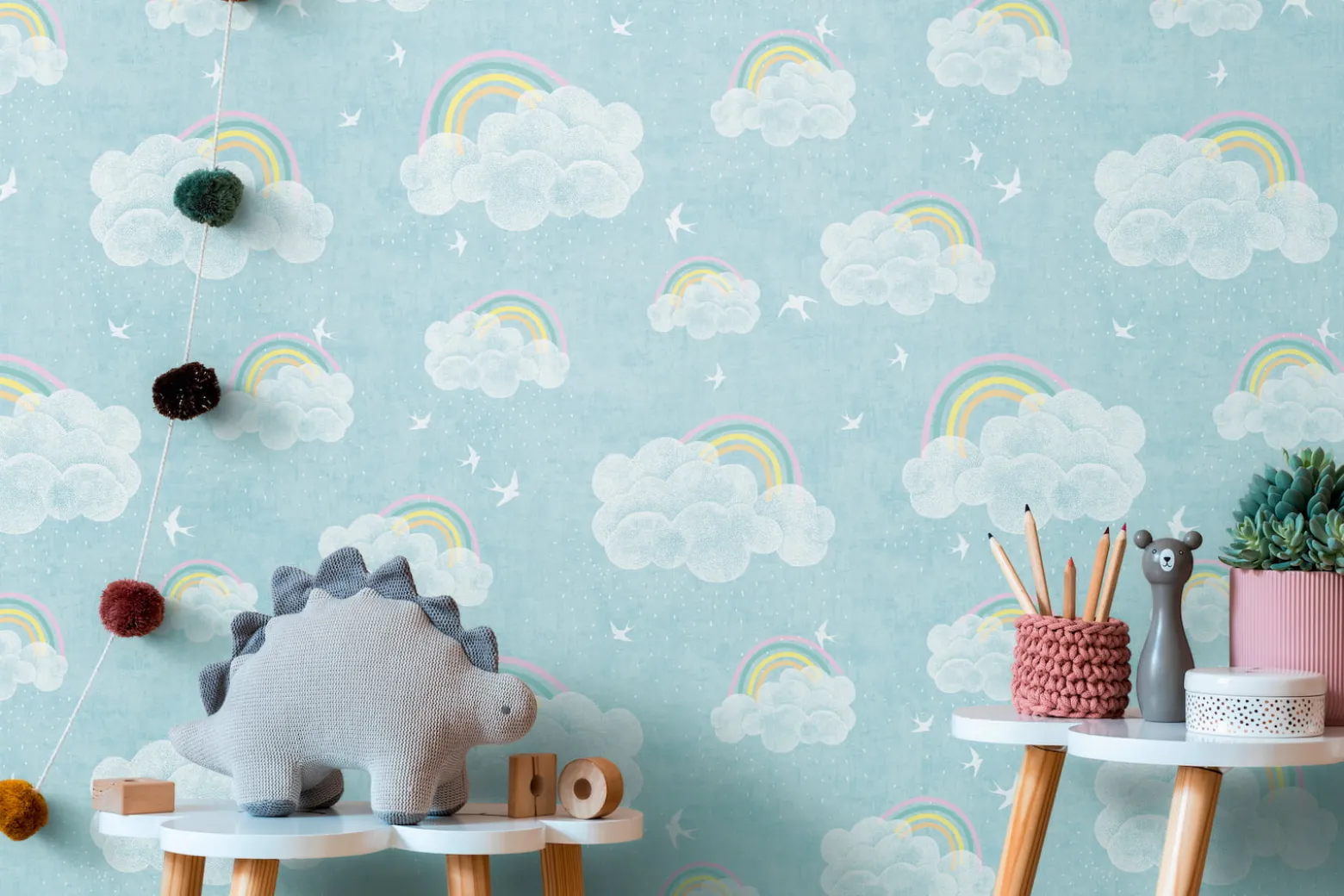 Vliestapete Kinder Wolken Regenbogen Blau Bunt 77144-1