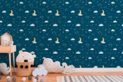 Vliestapete Kinder Wolken Sterne blau weiß gelb 38141-1