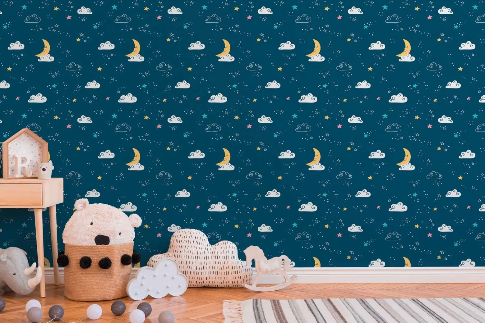 Vliestapete Kinder Wolken Sterne blau weiß gelb 38141-1