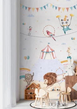 Vliestapete Kinder Zirkus Tiere Beige Grau Bunt 77072-1