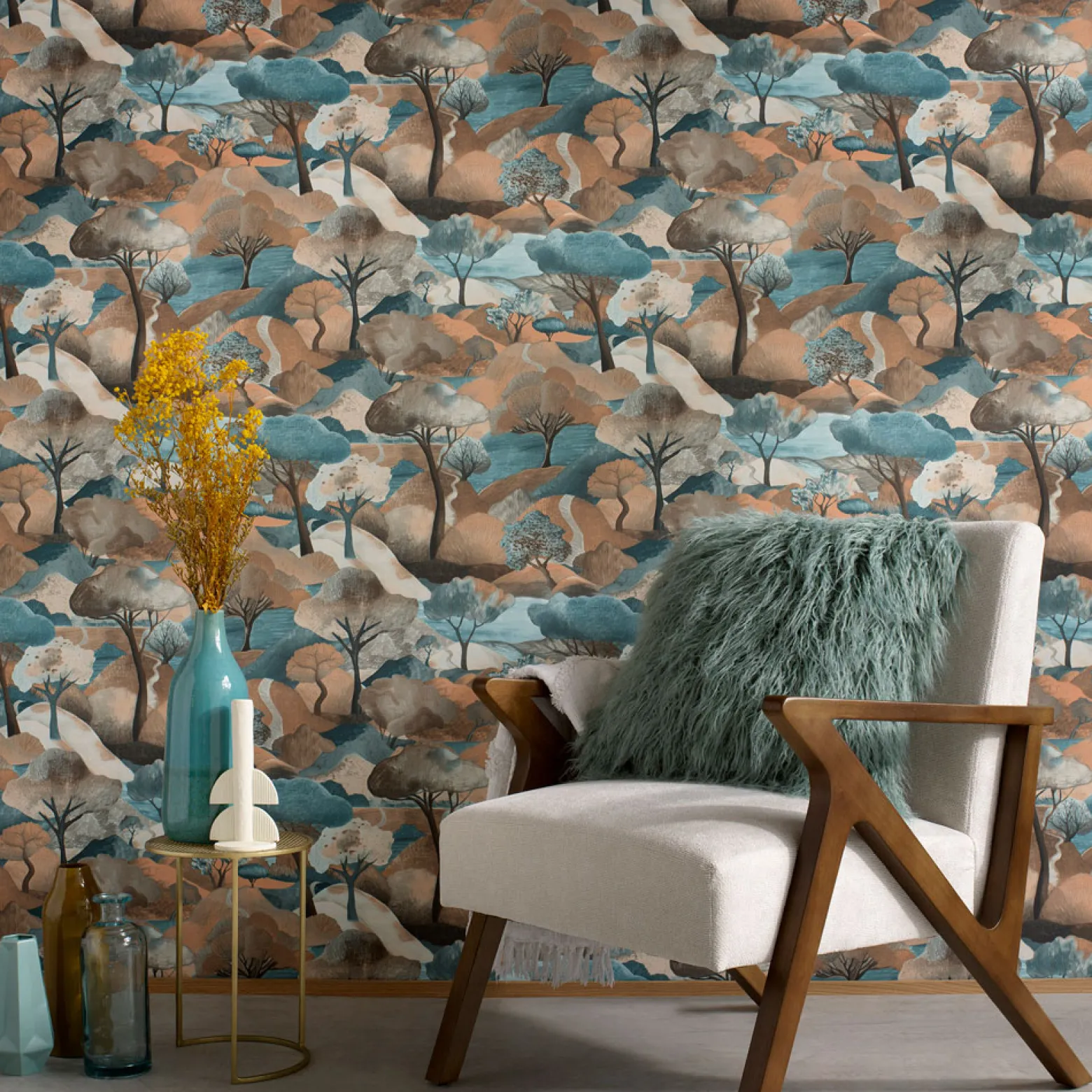 Vliestapete Landschaft Wald Petrol Braun Grau 10433-19