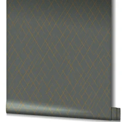Vliestapete Linien Rauten Anthrazit Gold Metallic 82408