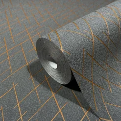 Vliestapete Linien Rauten Anthrazit Gold Metallic 82408