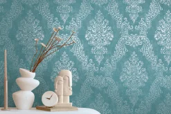 Vliestapete Ornamente Barock Türkis Metallic 39765-4